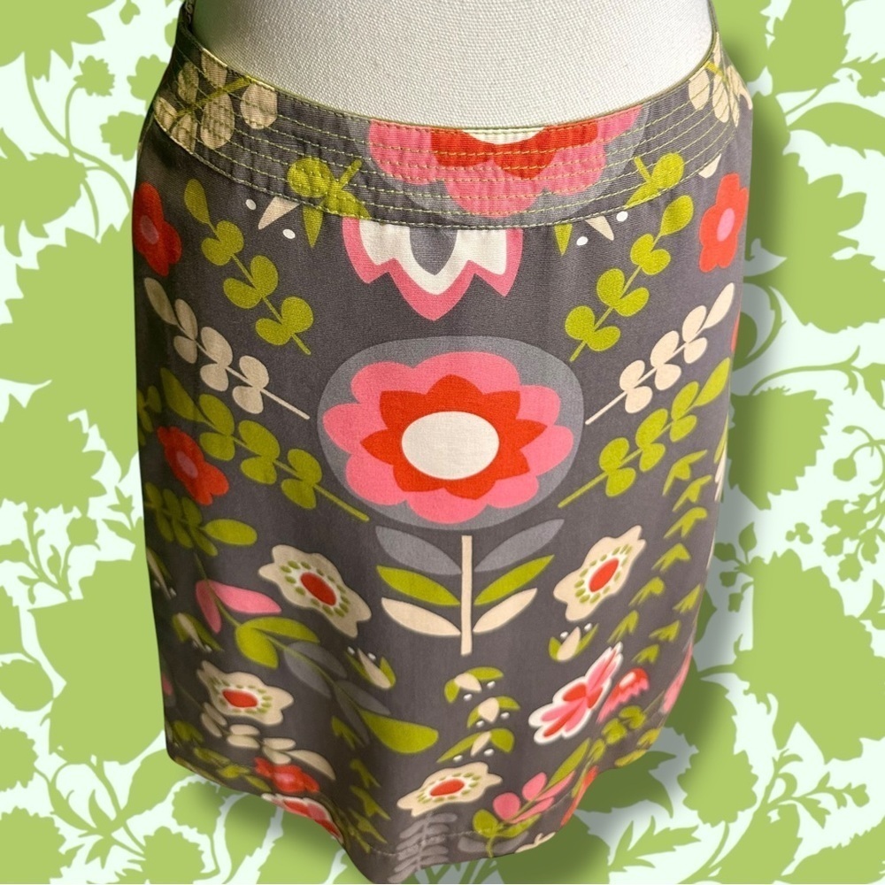 Boden Mod Style Gray, Pink & Green Floral Print A-Line Cotton Twill Skirt Size 4 - Picture 5 of 14